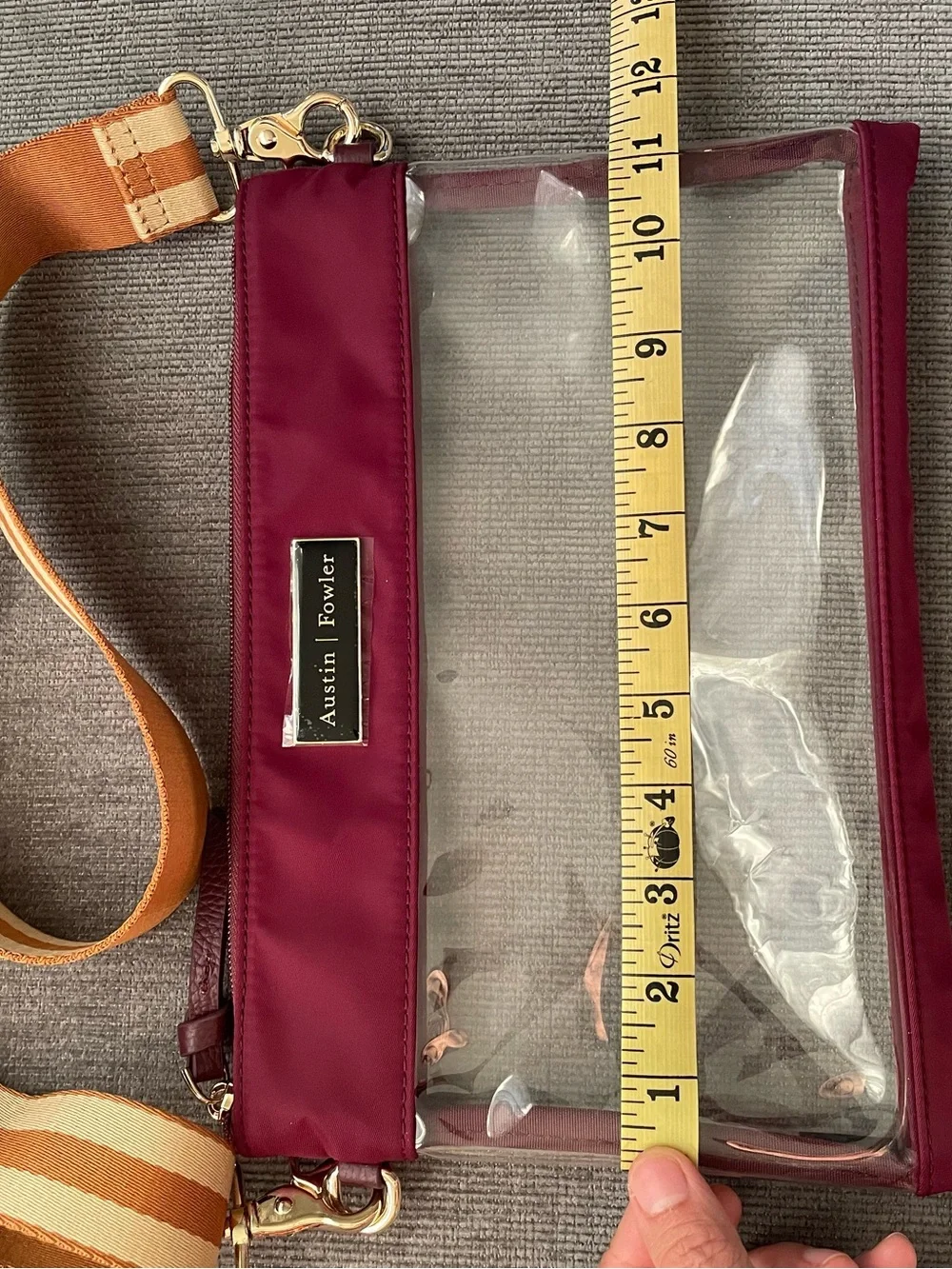 Austin / Flower Burgundy Clear Crossbody Bag with Striped Tan Strap